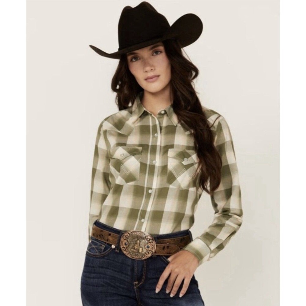 Wrangler Retro Western Pearl Snap Shirt Green Plaid Cowgirl Medium